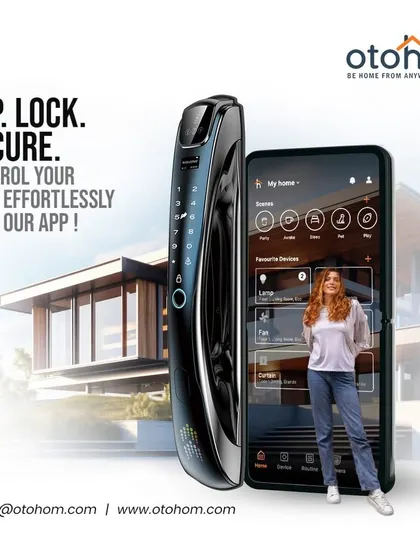 Tap, lock, and secure your home effortlessly with our app. This visual showcases our sleek smart lock and its integration with the Otohom app, putting intelligent security in your hands.