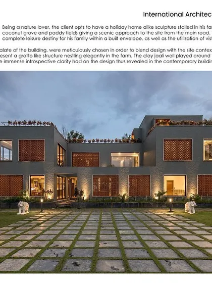 Our project submission board detailing the design philosophy, material choices, and the main facade of The Grey Grotto.