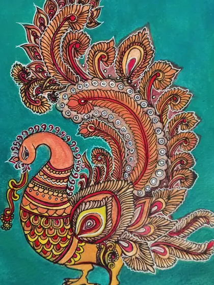 Inspired by the ancient textile art of Kalamkari, this peacock is filled with detailed motifs and patterns. I used a warm color palette to reflect the natural dyes often used in this traditional craft, creating a piece that feels both classic and vibrant.