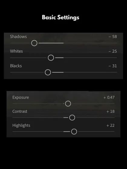 A look at the Basic Settings panel in Lightroom. We'll start here, learning how to properly fix exposure, recover details from shadows and highlights, and set a solid foundation before moving on to more creative edits.