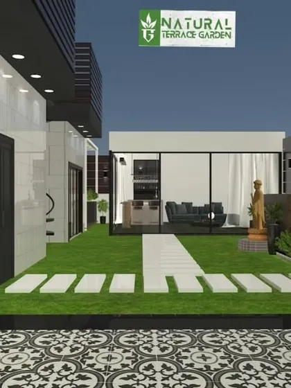 A wide-angle 3D view of the Punjabi Bagh terrace. This render shows the relationship between the tiled patio, the lawn, the glass house, and a large cascading water feature.