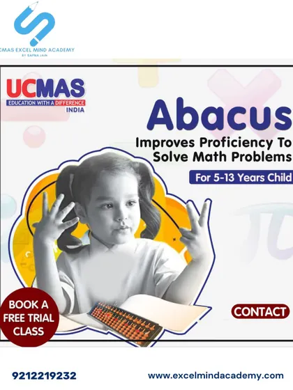 Our UCMAS abacus program improves proficiency in solving math problems for children aged 5-13. The visual shows a child using finger techniques to visualize numbers.