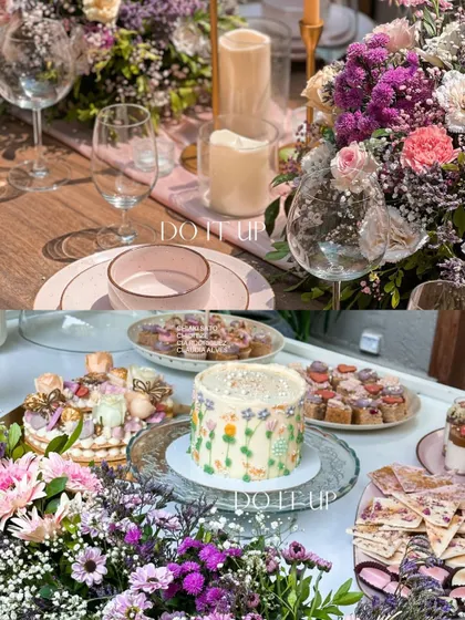 A collage of a beautiful bridal shower, showcasing the floral tablescape, the dessert spread, and the happy bride-to-be. The design is feminine, sophisticated, and full of joy.