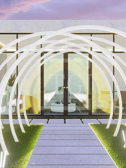 A futuristic and artistic entrance concept for the Kolkata project, featuring an arched tunnel of light leading to the main house, creating a dramatic and welcoming pathway.