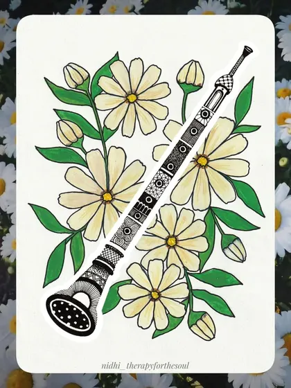February: Daisy & Shehnai. The cheerful daisy meets the auspicious sound of the shehnai in this intricate illustration.