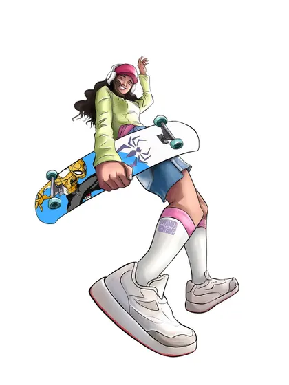 The Spidey-themed skater girl OC on a clean white background. This view highlights the dynamic pose and the character's silhouette.