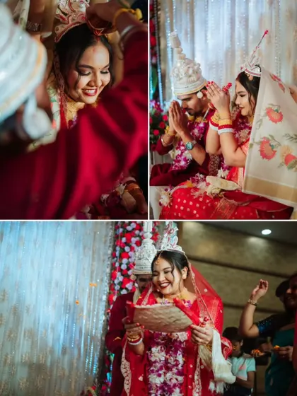 A collage of key moments from a Bengali wedding, including the 'sindoor daan' and 'anjali'.