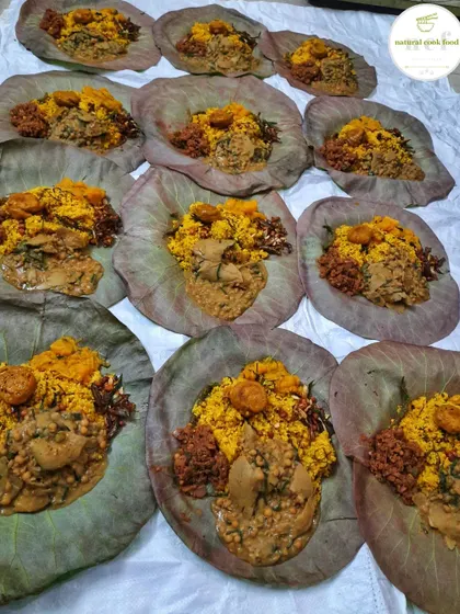 The 'Khechri' season in Delhi. Here are individual portions served on lotus leaves, just as they would be during the 'Rathayatra' festival in Manipur.