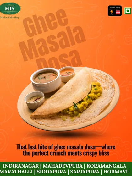 The Ghee Masala Dosa is pure bliss. The aroma of pure ghee, the crispy texture of the dosa, and the savory potato filling make for a perfect bite every time.