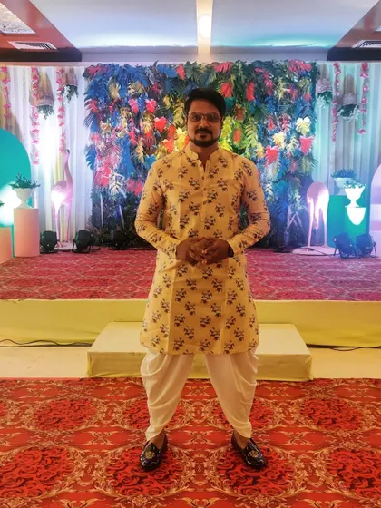 My look for a Haldi and Sangeet function in Silvassa. A traditional dhoti-kurta set is perfect for embracing the cultural festivities.