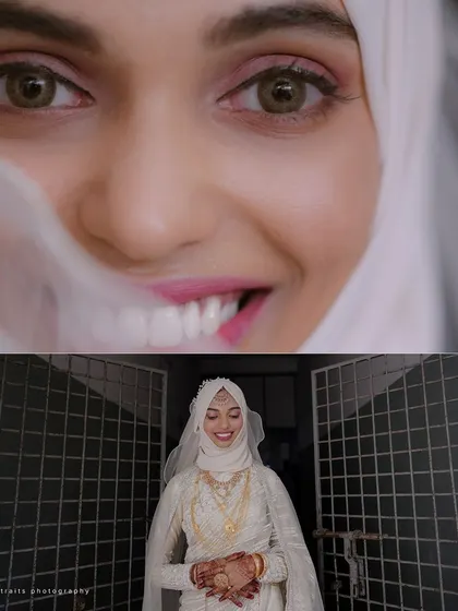 A collage that captures both the playful and serene sides of the bride, from a close-up of her bright eyes to a full shot of her smiling.