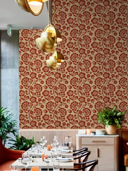 This restaurant’s dining area is made more intimate and inviting with our Autumn Blossom wallpaper. The warm colors and floral design create a cozy and pleasant atmosphere for guests.