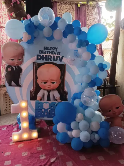 Here is another Boss Baby themed decoration I did for Dhruv's first birthday. The light blue and white color scheme gives it a softer, more playful feel.