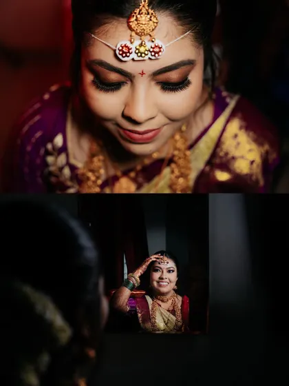 A collage of the bride getting ready, capturing her beautiful smile and the final touches to her look.