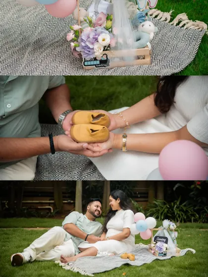 A collage of a picnic-themed maternity shoot, featuring details like baby shoes, a gift basket, and the happy couple relaxing on a blanket.