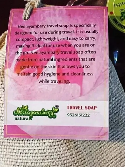 The tag on our travel soap pouch explains its purpose. It's designed to be compact and easy to carry, allowing you to maintain good hygiene with gentle, natural ingredients while traveling.