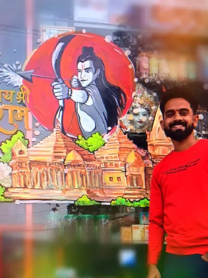 Here I am with the completed Ram Mandir glass painting. It was a joy to create this piece to celebrate a historic and spiritual moment for so many.