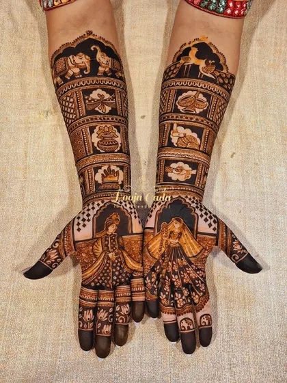 A beautiful design featuring bride and groom portraits on the palms, surrounded by panels of symbolic motifs.