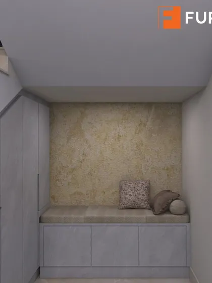 The under-stair area can also become a cozy nook. Here, we added a comfortable bench with storage drawers underneath, creating a perfect spot to relax.