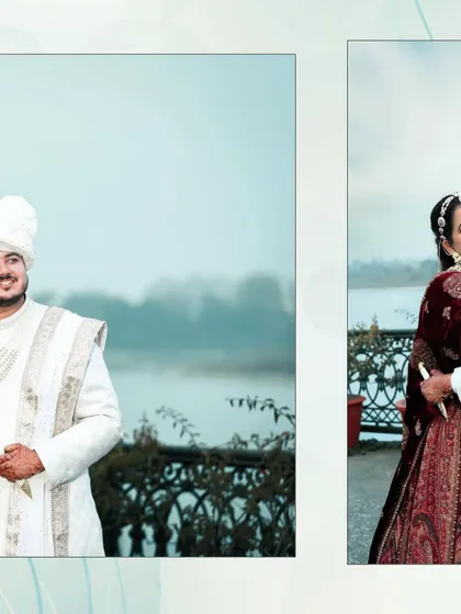 A collage of the bride and groom posing by the lake. The soft, misty weather creates a romantic and dreamy atmosphere for their wedding portraits.
