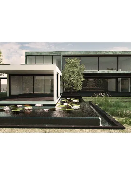 The design for the farmhouse includes a serene lily pond adjacent to a covered outdoor seating area, creating a tranquil space for reflection and relaxation.