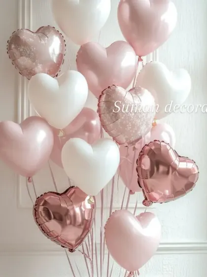 A romantic bouquet of heart-shaped balloons. I used a mix of matte white, pearl pink, and rose gold foil heart balloons for this arrangement.