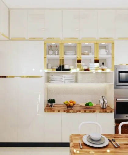 This render focuses on the tall units and integrated appliances, demonstrating our expertise in creating highly functional and aesthetically pleasing kitchen layouts.