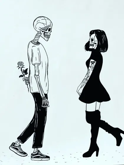A clean, high-contrast scan of the skeleton couple artwork. This piece is a popular example of my darker, more romantic illustrations, blending themes of love and mortality.