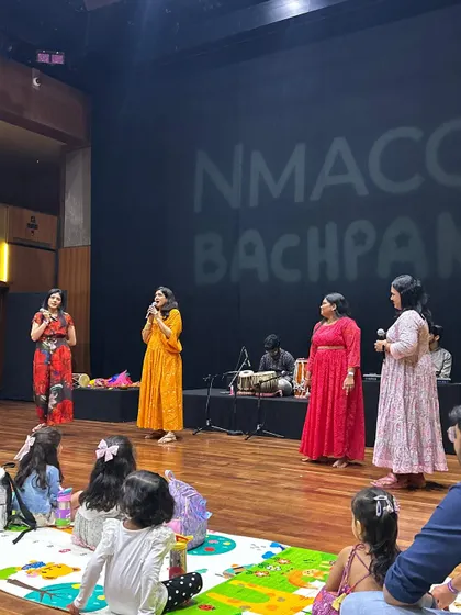 A full stage with our team at the NMACC Bachpan workshop. We bring a full musical experience with live instruments to create an immersive session.