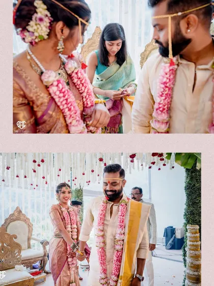 The couple's journey together begins with these sacred steps. Our decor, featuring hanging floral strings and traditional elements, frames their union perfectly.