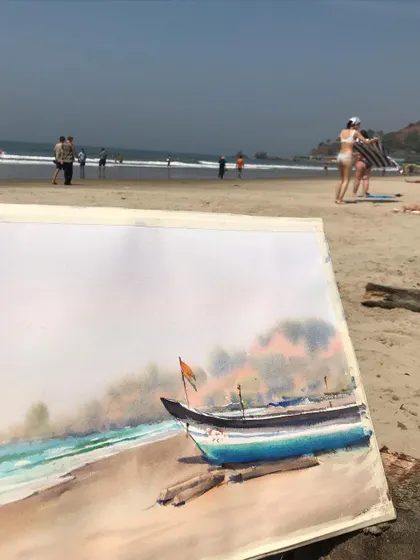 A watercolour demonstration from a workshop in Goa. I painted this boat on the beach, trying to capture the bright sun and the relaxed atmosphere.