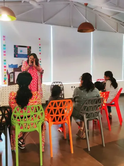 A moment of high drama during a Hungarian folktale session. I use my whole body and voice to convey emotion and action, encouraging the children to react and engage with the plot.