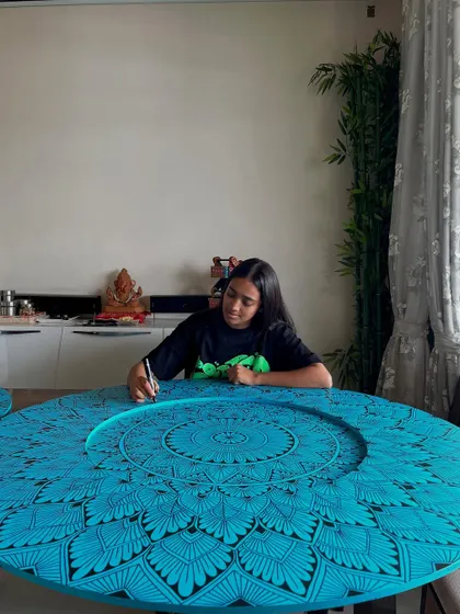 Working on a set of three custom mandalas for a restaurant in Pune. The client wanted a bright, traditional touch, and this vibrant blue was the perfect fit.