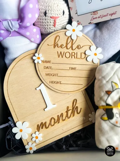 A close-up of our wooden milestone cards, perfect for capturing those precious first moments and months. The set includes a 'Hello World' plaque for birth stats.
