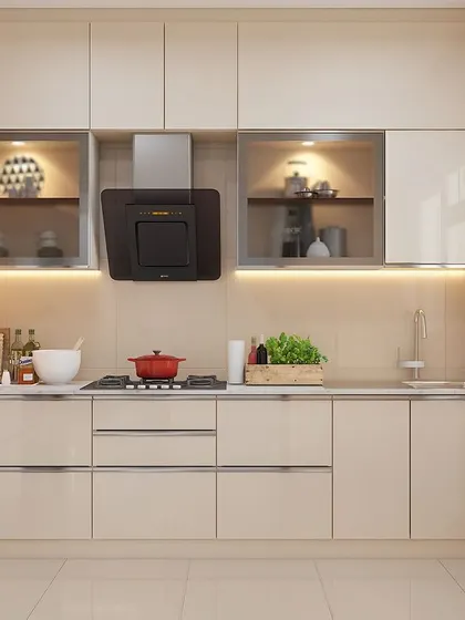 This L-shaped kitchen has a very soft and elegant feel, with its beige cabinets and warm under-cabinet lighting. The glass-front cabinets are perfect for displaying pretty glassware.