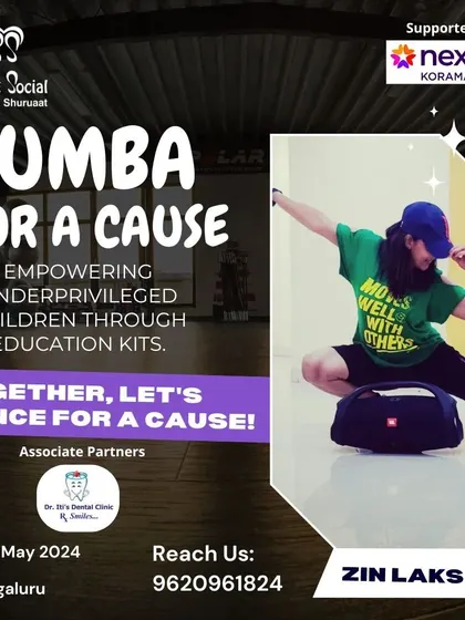 A promotional graphic for 'Zumba for a Cause', calling on the Bangalore Zumba community to dance together to empower underprivileged children.