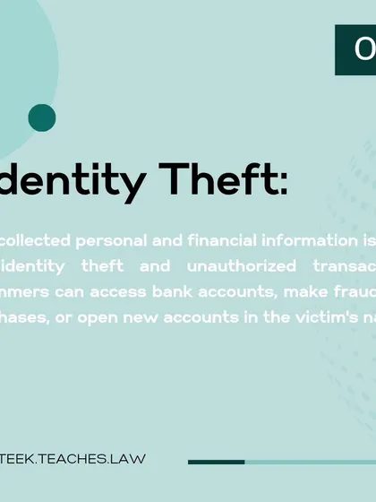 This graphic explains the ultimate goal of many online scams: identity theft. The collected personal and financial information is used to access bank accounts, make fraudulent purchases, or open new accounts in the victim's name.
