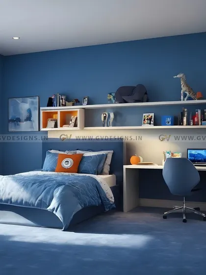 For this boy's bedroom, we used a contemporary blue theme to create a space that is both stylish and functional. The design includes a long study desk with open shelving above the bed, providing ample space for books, decor, and schoolwork.