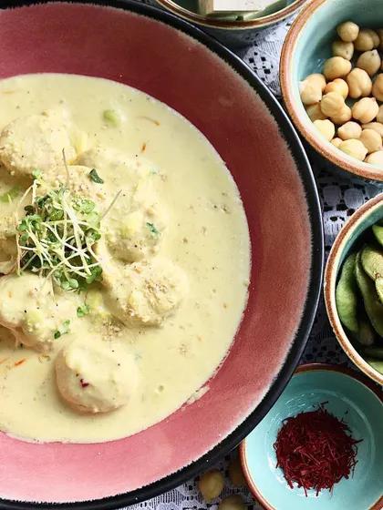 A beautiful bowl of our Chickpea Gnocchi with Creamy Edamame Saffron Sauce. It's a perfect fusion of Italian technique and wholesome, plant-based ingredients.