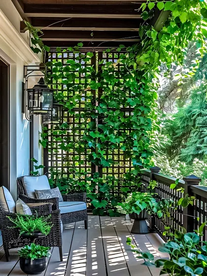Privacy and greenery go hand-in-hand. In this design, a wooden trellis supports climbing vines, creating a natural privacy screen that makes the seating area feel secluded and intimate.