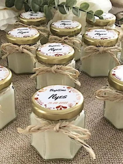 Adorable gifting options under 69 rupees, including shipping. These hexagonal mini jars were for a baptism, customized with labels and jute ties.