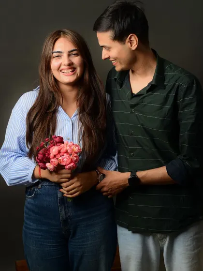 A candid and laughing moment during a couple's studio session. It's these real smiles that I strive to capture.