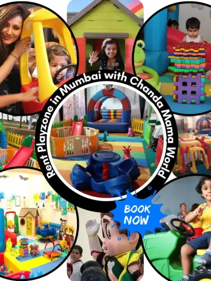 This collage is all about the smiles. It features kids and parents playing together, a Chhota Bheem mascot, and various colorful setups, highlighting the joy and memories created at my events.