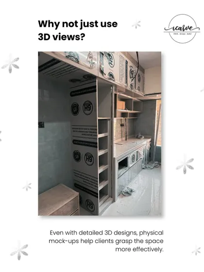 While 3D views are helpful, physical mock-ups like these 'kaccha' furniture boxes allow clients to grasp the scale and feel of the space much more effectively.
