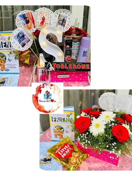 A beautiful flower and gift box combination. This custom gift includes a fresh floral arrangement and a personalized section with a light-up initial 'S' and photos.