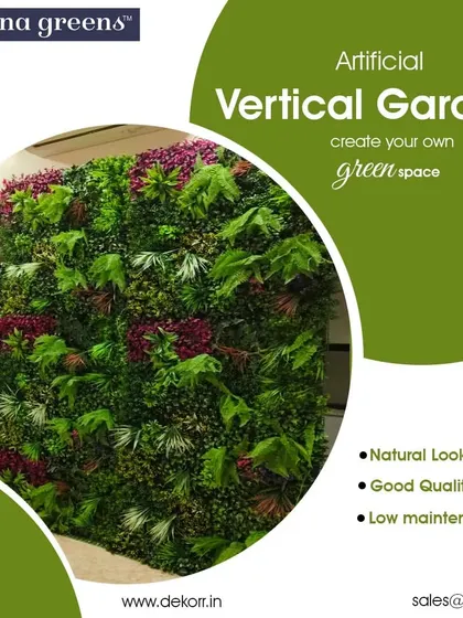 Create your own green space with an artificial vertical garden. This indoor installation features a rich mix of ferns and colorful flowers, adding a touch of nature next to a doorway.