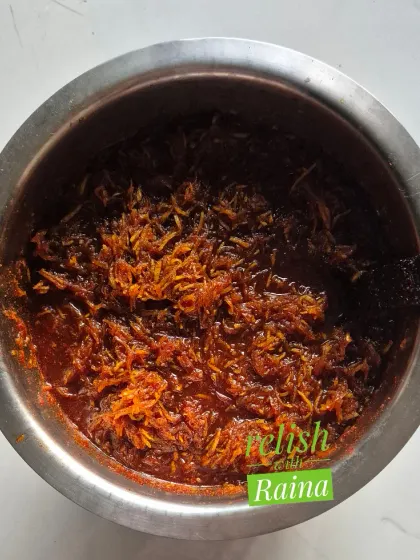 Here you can see the texture of my Kairi ka Chhunda made with jaggery. The grated raw mango is cooked in the sun until it becomes soft and blends perfectly with the melted jaggery and spices, creating a sweet, spicy, and tangy flavour.