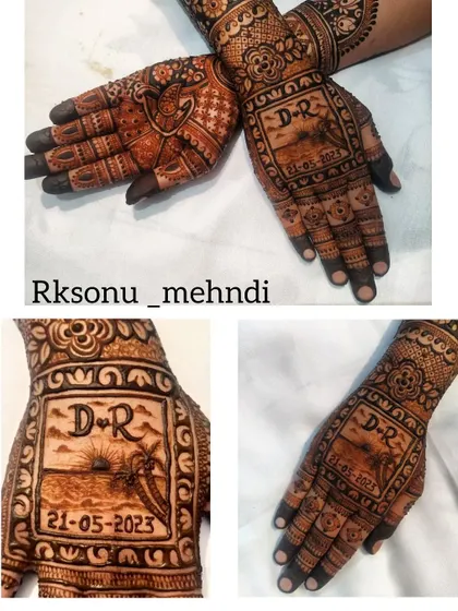 A collage showcasing the beach-themed storytelling mehndi. It provides a closer look at the personalized details like the date and initials, set within a larger, intricate bridal pattern.