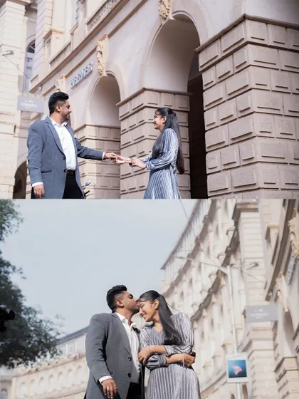 A two-photo set from a pre-wedding shoot in front of grand architecture, showing both a formal pose and a sweet, candid kiss on the cheek.