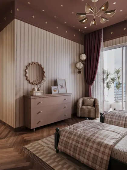 This angle reveals a charming corner of the shared bedroom, featuring a mauve dresser with delicate hardware and a scalloped mirror. The deep, rich color of the ceiling and curtains adds a sense of coziness and enclosure.